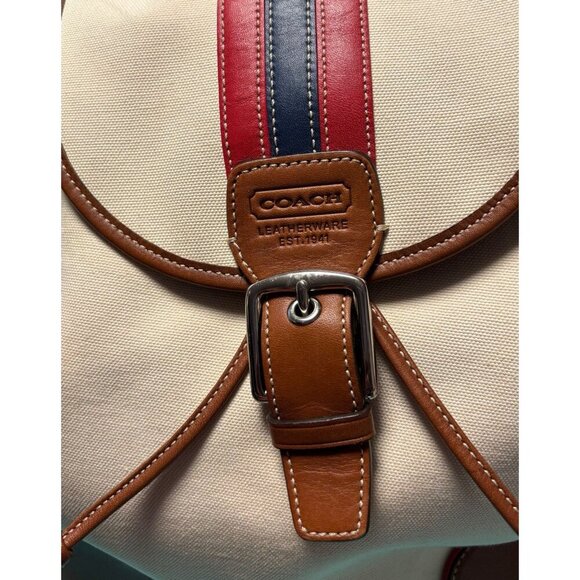 Coach Vtg Beige Canvas Backpack w Blue, Brown, & Red Leather Accents - Picture 4 of 9